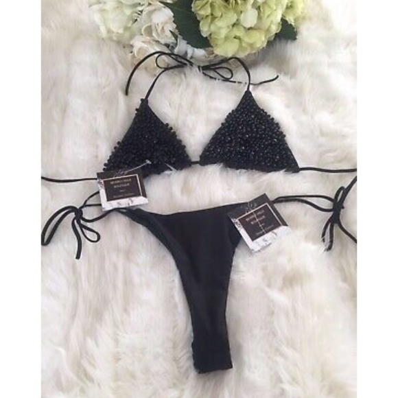 NEW! PEARL BIKINI BLACK SWIMSUIT 2 PIECE SET THONG - Picture 7 of 12